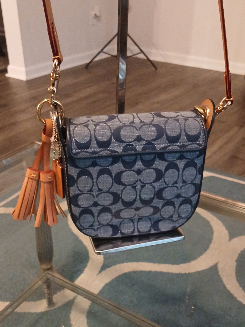 Coach Kleo Navy Signature Denim Crossbody with Tan Leather Strap and Tassel - Picture 7 of 10